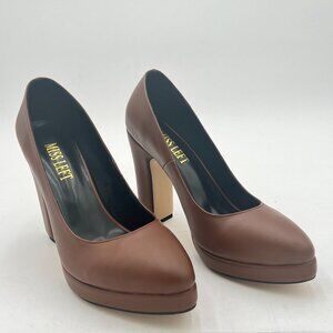 Miss Left Brown Low Platform High Chunky Heeled Slip On Pointed Toe Pump